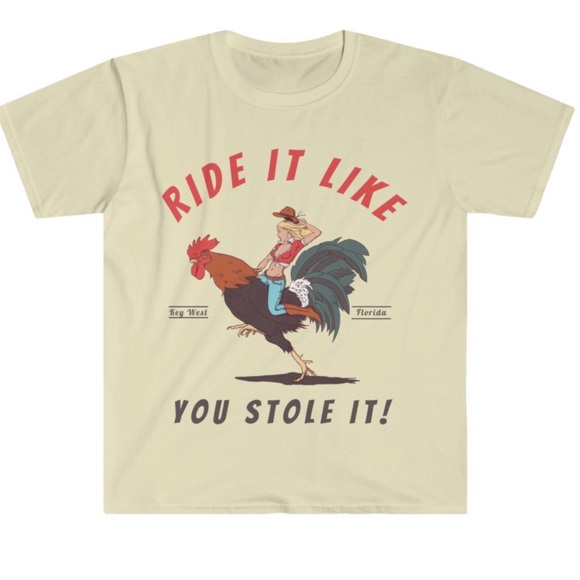 Ride It Like You Stole It Key West Natural Retro Rooster Graphic Printed Tee - Picture 1 of 6